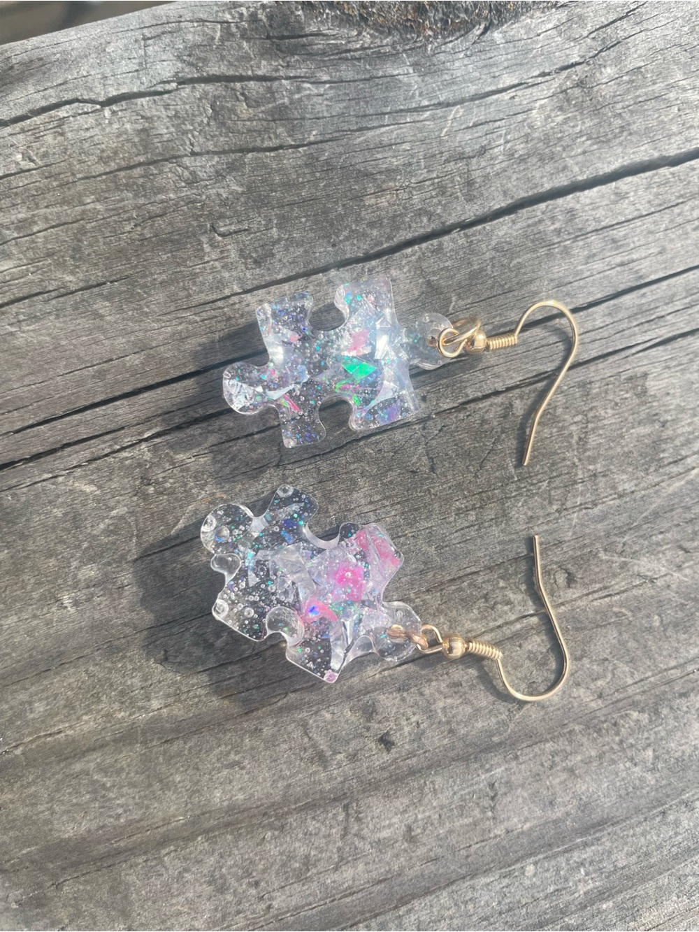 Iridescent Clear Puzzle Piece Dangle Earrings with Pink Accents
